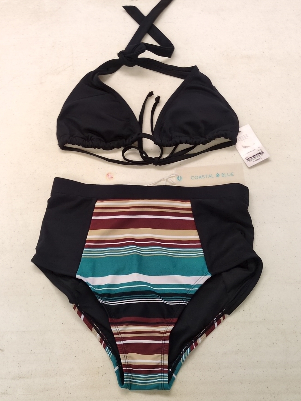 Coastal Blue And City Streets Black Halter Bikini Teal and Maroon Stripes XS NWT